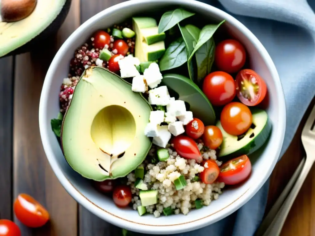 Una suculenta ensalada de quinoa sin gluten con quinoa roja y blanca, vegetales frescos y aguacate en una mesa de madera rústica