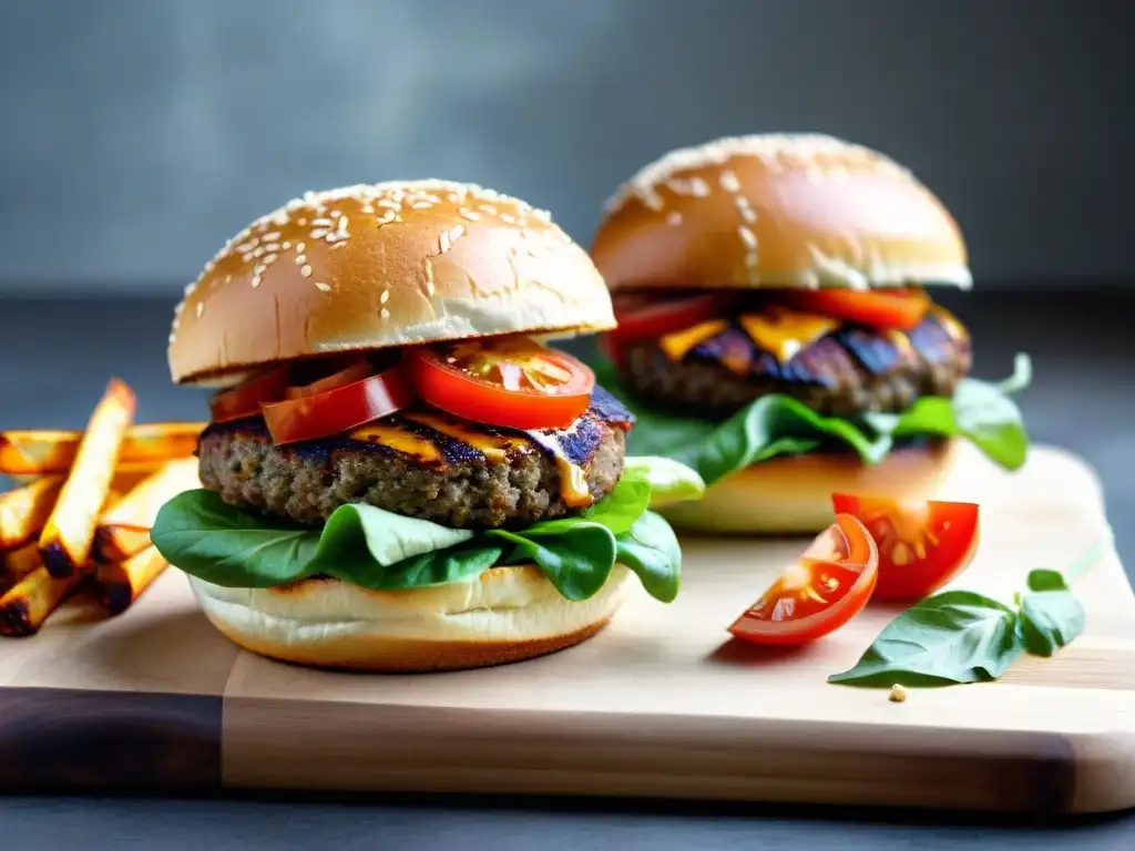 Una suculenta hamburguesa vegana sin gluten con papas fritas y salsas caseras, en un ambiente acogedor de cocina