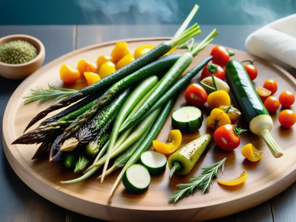 Una suculenta selección de verduras asadas, brillantes y coloridas en una fuente de madera rústica