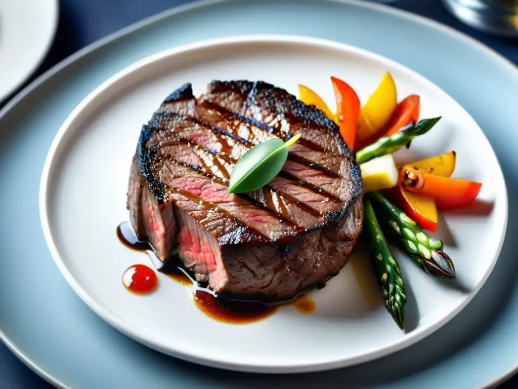 Un suculento filete a la parrilla con coloridas brochetas de verduras, en un plato blanco