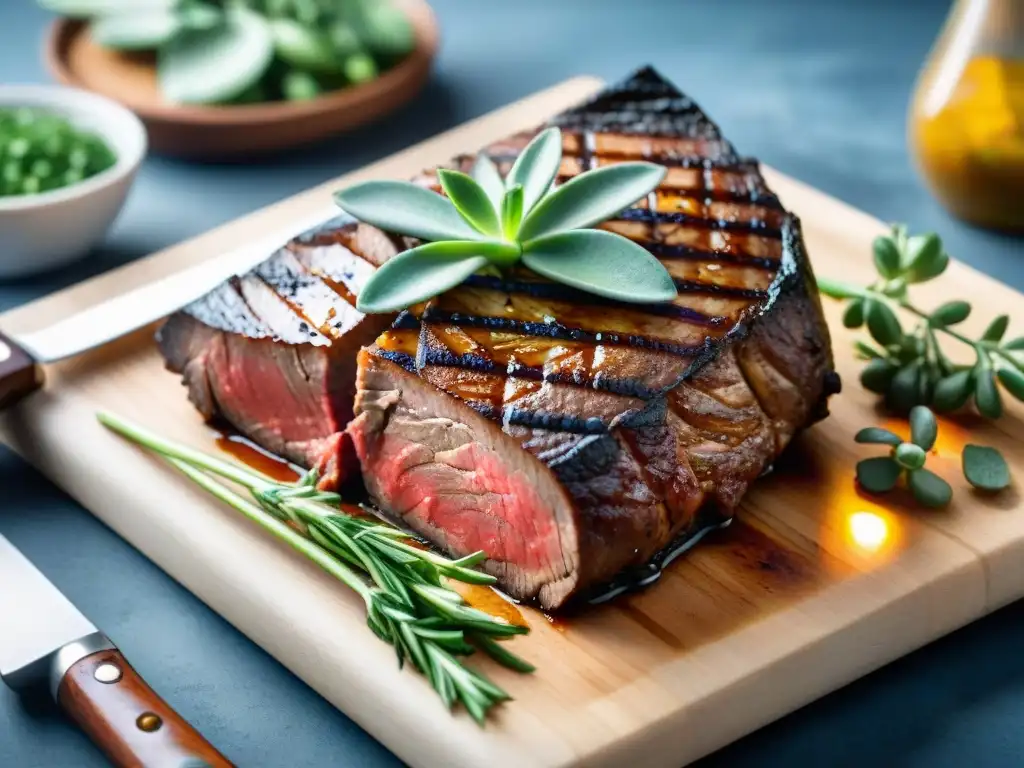 Un suculento filete a la parrilla con marinada sin gluten, bañado por el sol entre hierbas frescas y vegetales coloridos