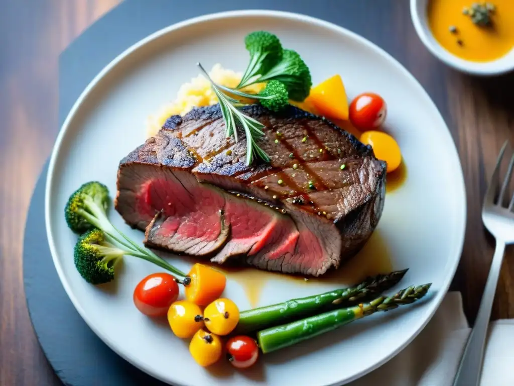 Un suculento filete sous vide con costra dorada, jugoso por dentro, acompañado de verduras asadas y salsa sin gluten