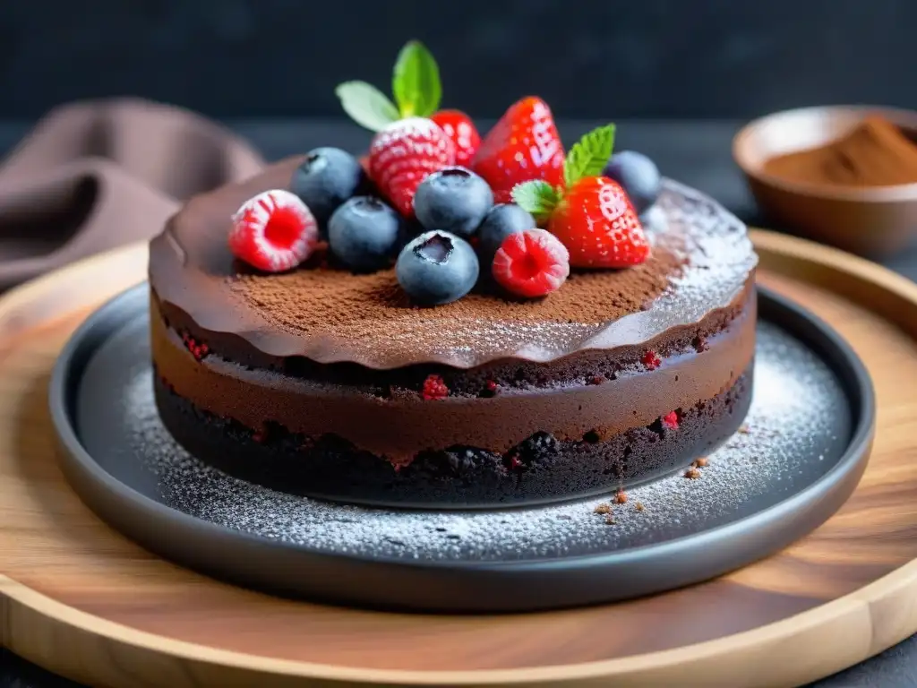 Un suculento pastel de chocolate sin harina con frutos rojos frescos, cocoa y ganache