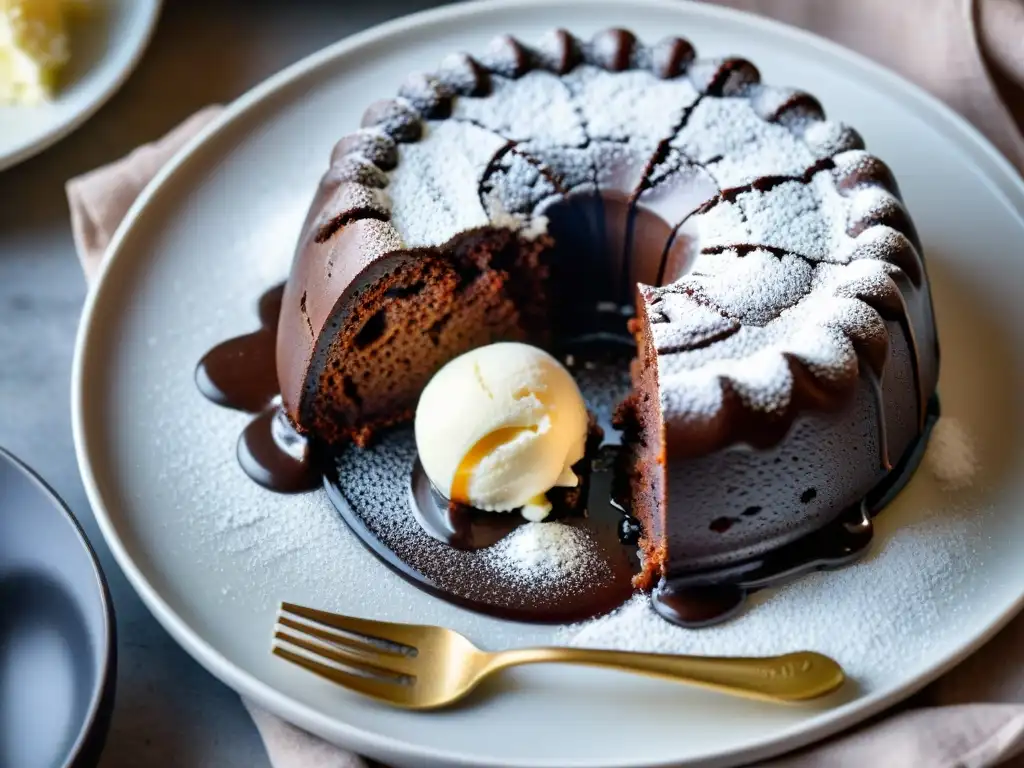 Un suculento pastel de lava de chocolate sin gluten cocinado lentamente, con helado de vainilla y cocción lenta en un acogedor ambiente de cocina