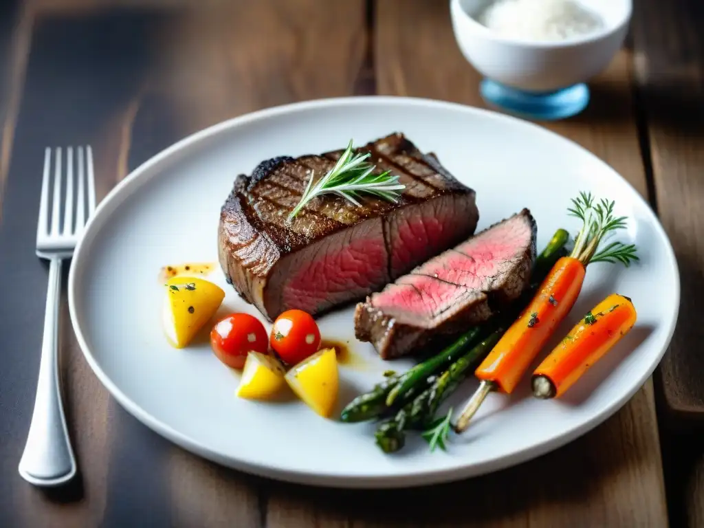 Un suculento plato sous vide sin gluten, con carne y verduras, en una presentación elegante sobre una mesa rústica