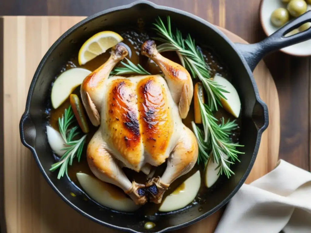 Pollo asado sin gluten: detalle ultra realista en sartén de hierro Un suculento pollo asado sin gluten, dorado y crujiente, rodeado de romero, tomillo y ajos en una sartén de hierro