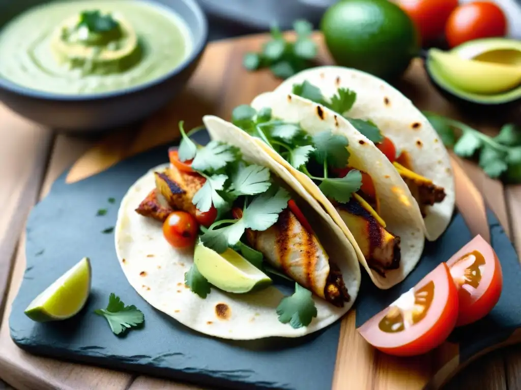 Sabrosos tacos de pollo en mesa de madera - Foto realista Un suculento taco sin gluten con pollo, aguacate, tomate y salsa de cilantro