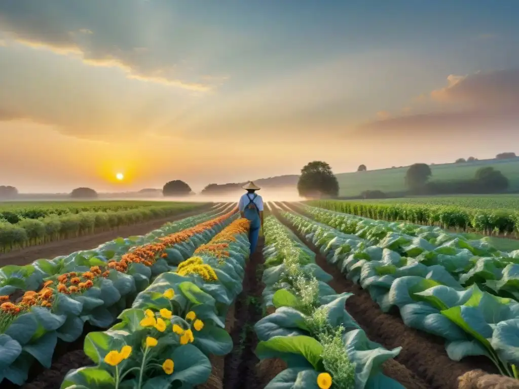 Un sueño de productos orgánicos sin gluten en una granja serena iluminada por el sol poniente