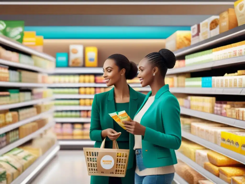 Un supermercado moderno con diversidad de personas comparando productos sin gluten procesados, mostrando empoderamiento y curiosidad