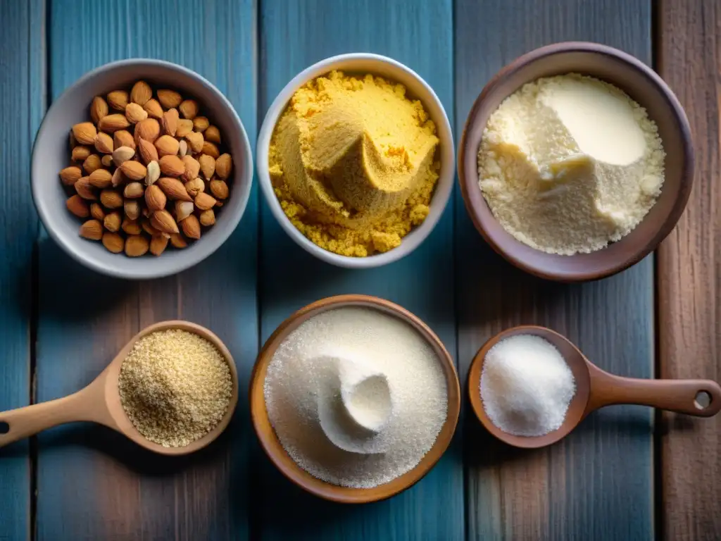 Variedad de harinas sin gluten en bowls coloridos Sustitutos innovadores recetas sin gluten: variedad de harinas sin gluten en cuencos sobre mesa rústica, con luz natural