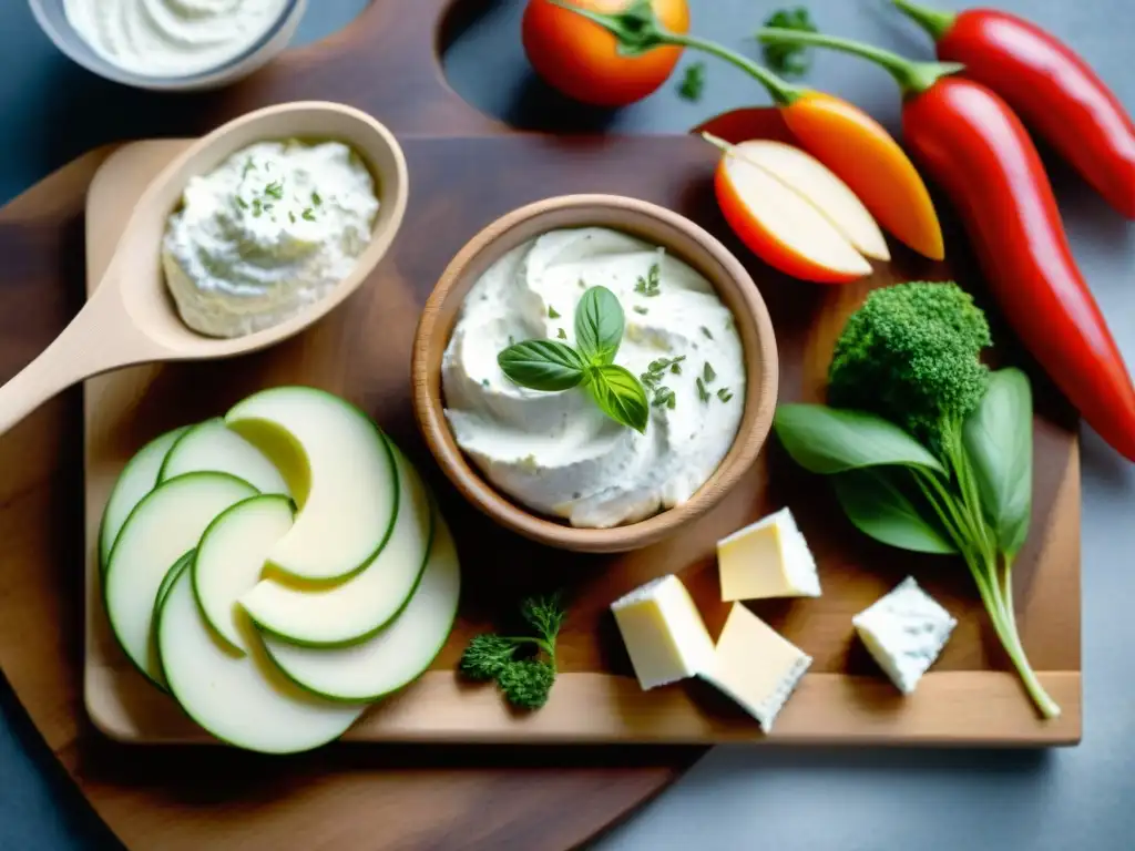 Sustitutos de queso crema sin gluten en tabla de madera rústica con ingredientes frescos