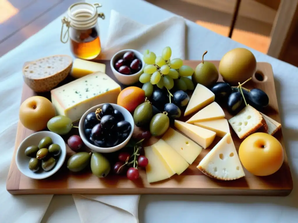 Una tabla de aperitivos sin gluten saludables con frutas frescas, quesos artesanales, embutidos, miel y frutos secos en una mesa rústica