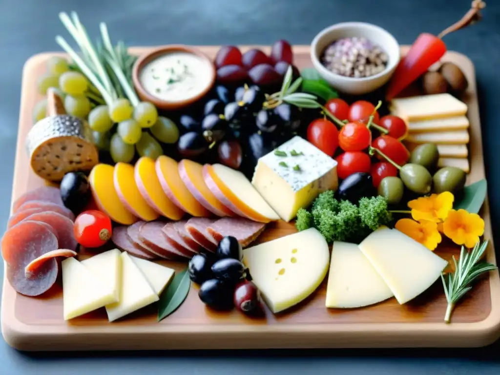 Una tabla de embutidos colorida con snacks sin gluten para fiesta