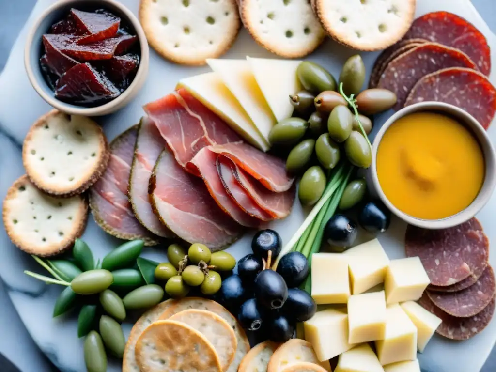 Una tabla de embutidos sin gluten con alternativas saludables, como prosciutto, salami y chorizo, junto a vegetales y crackers