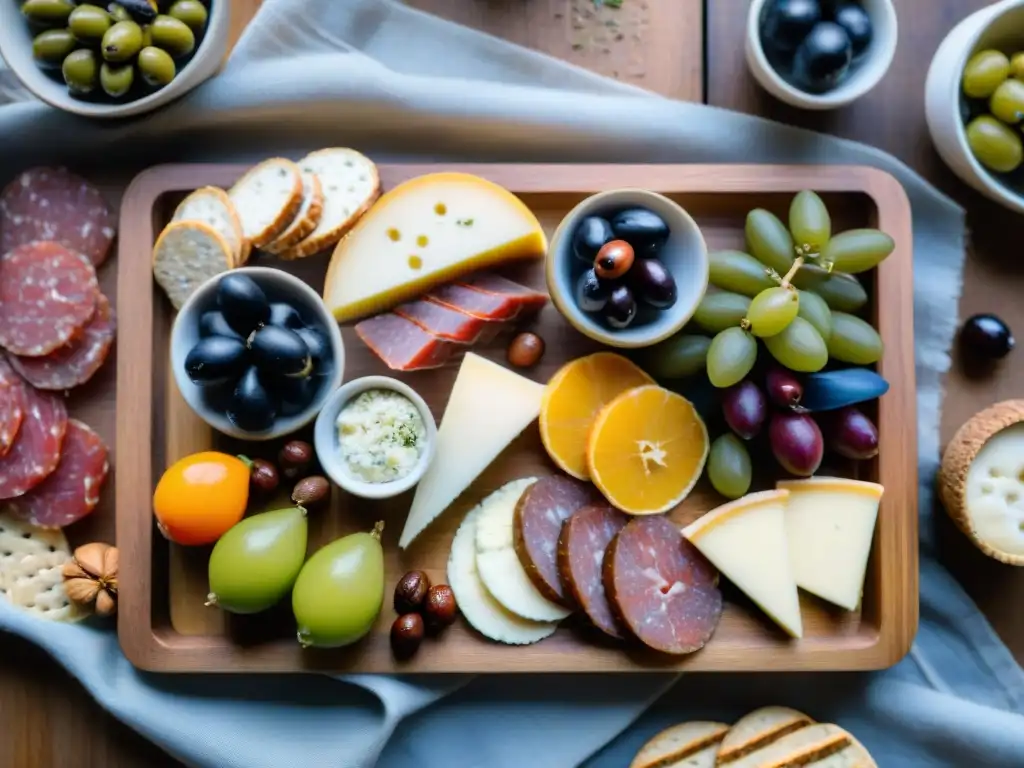 Una tabla de embutidos sin gluten, queso y frutas, en una mesa rústica con luz natural