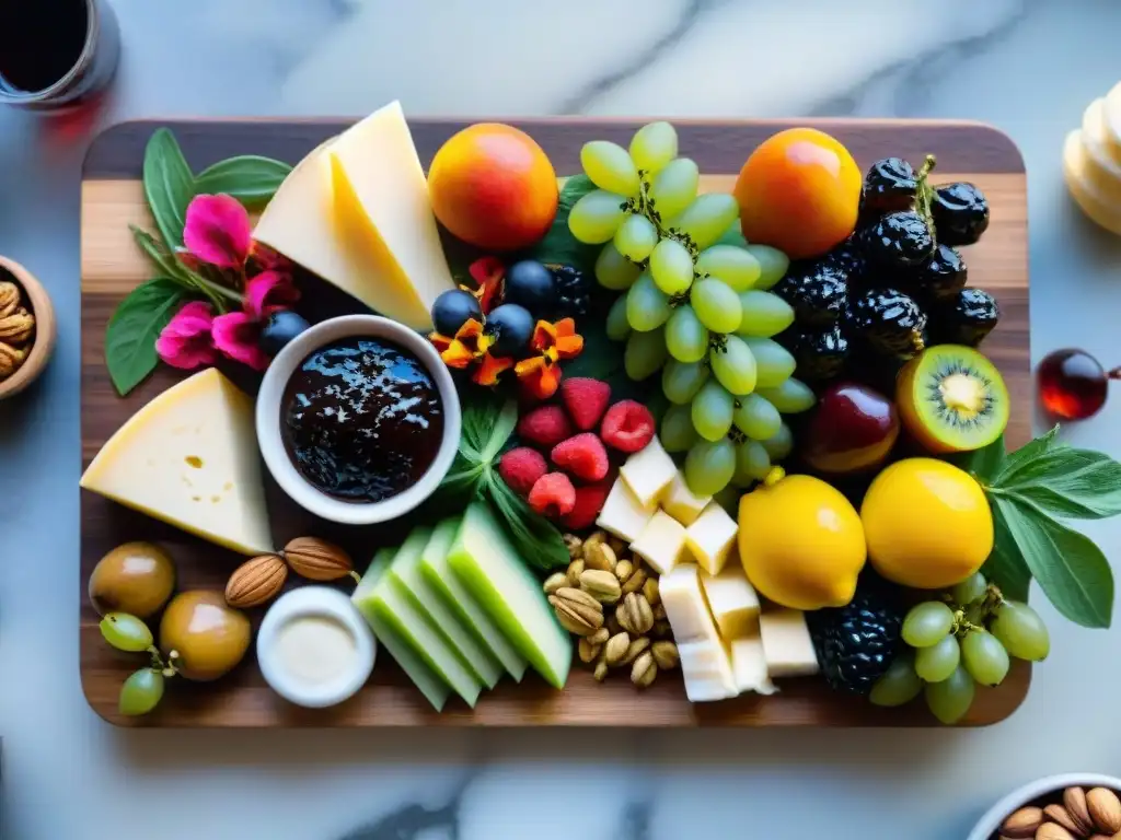 Una tabla de entrantes veganos sin gluten innovadores, con frutas, verduras, frutos secos y quesos veganos coloridos y vibrantes, decorada con flores comestibles, hierbas frescas y baño de glaseado balsámico