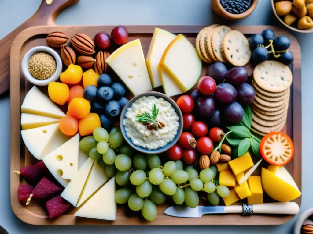 Una tabla de entrantes veganos sin gluten innovadores, coloridos y apetitosos, presentados con creatividad en una tabla de madera rústica