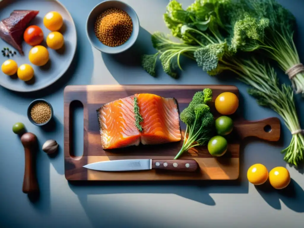 Tabla de cortar de madera con ingredientes ahumados sin gluten, como salmón y costillas, rodeados de hierbas aromáticas