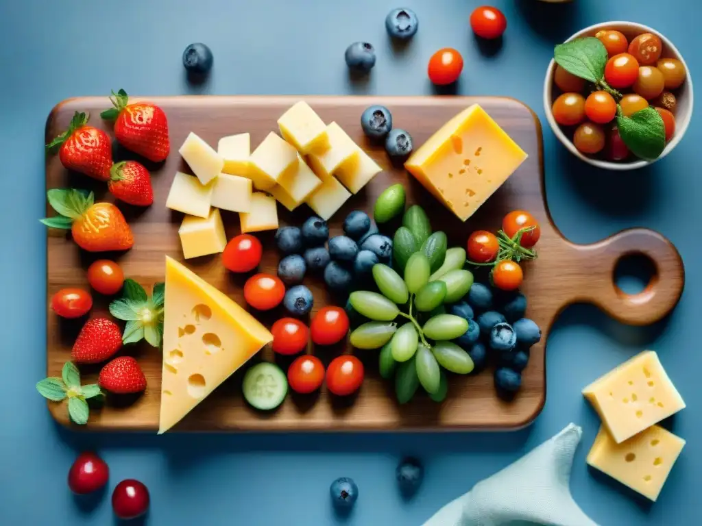 Una tabla de madera llena de snacks saludables Dieta FODMAP: fresas, arándanos, uvas, pepinos, tomates cherry, queso y frutos secos variados