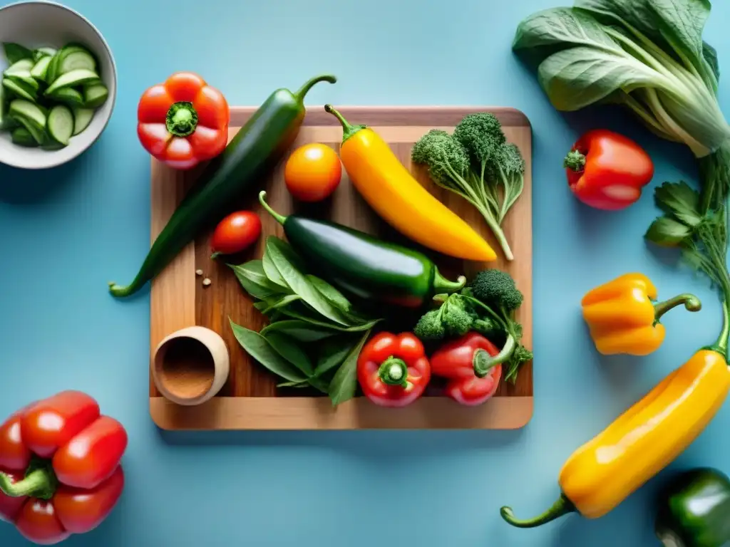 Una tabla de cortar de madera llena de vegetales coloridos recién picados, listos para preparar tempeh sin gluten receta fácil