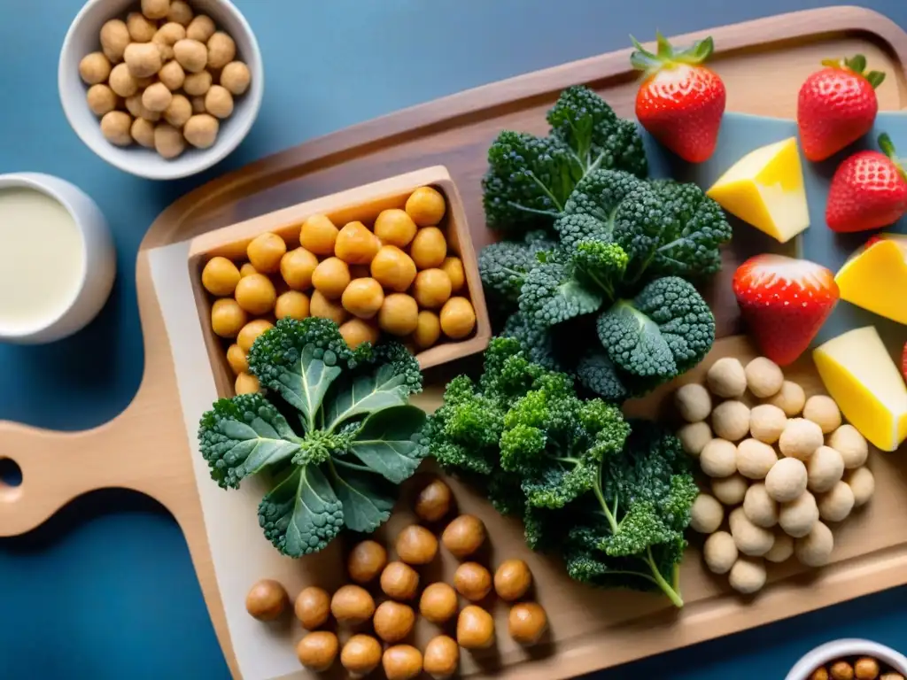 Una tabla de cortar de madera rebosante de snacks sin gluten saludables y deliciosos como kale chips, garbanzos tostados y frutas frescas