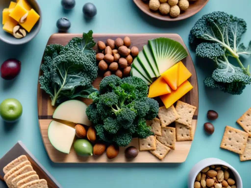 Una tabla de cortar de madera con snacks sin gluten fáciles y deliciosos, como chips de kale crujientes y frutas frescas