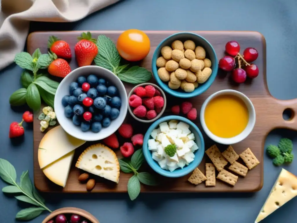 Una tabla de cortar de madera con snacks sin gluten saludables: bayas frescas, nueces crujientes, quesos artesanales, verduras vibrantes y hierbas frescas, sobre un fondo rústico