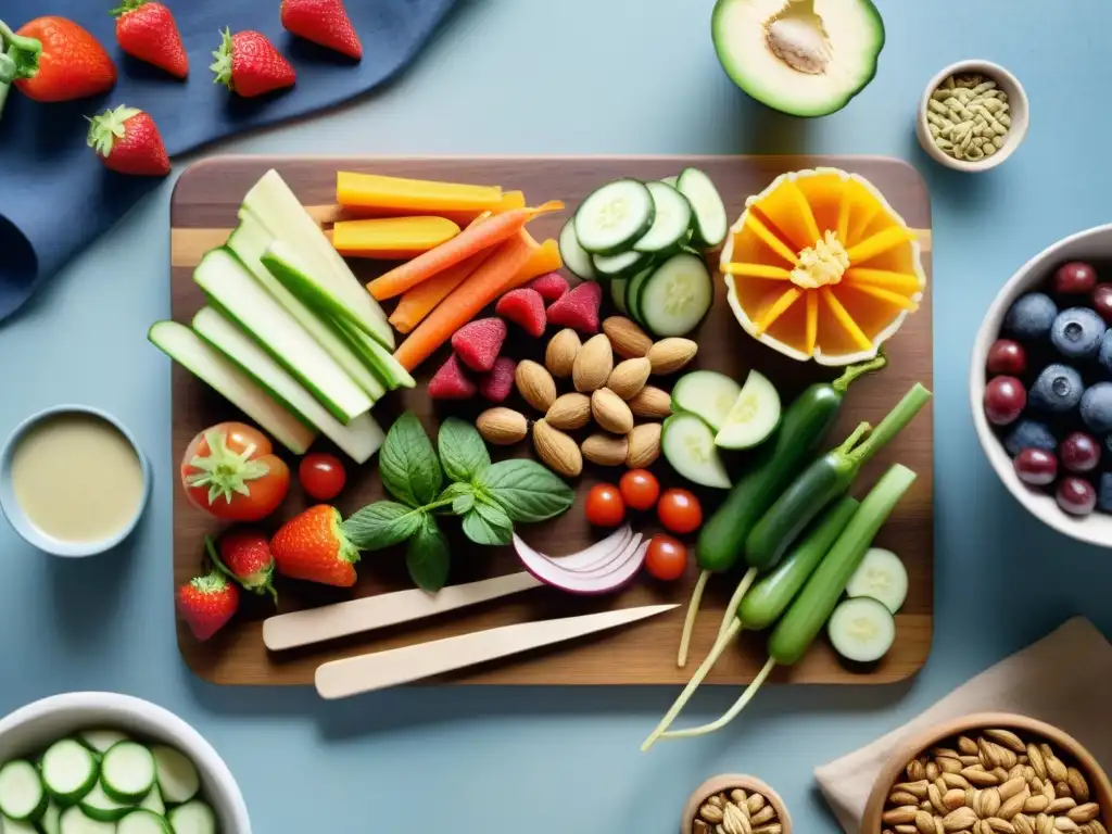 Un tabla de cortar de madera con snacks saludables sin gluten y paleo: vegetales, frutas, frutos secos y semillas coloridos y apetitosos