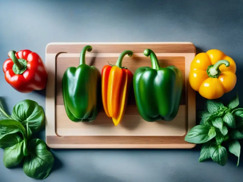 Una tabla de cortar de madera con vegetales orgánicos coloridos rodeados de hierbas frescas en una cocina rústica
