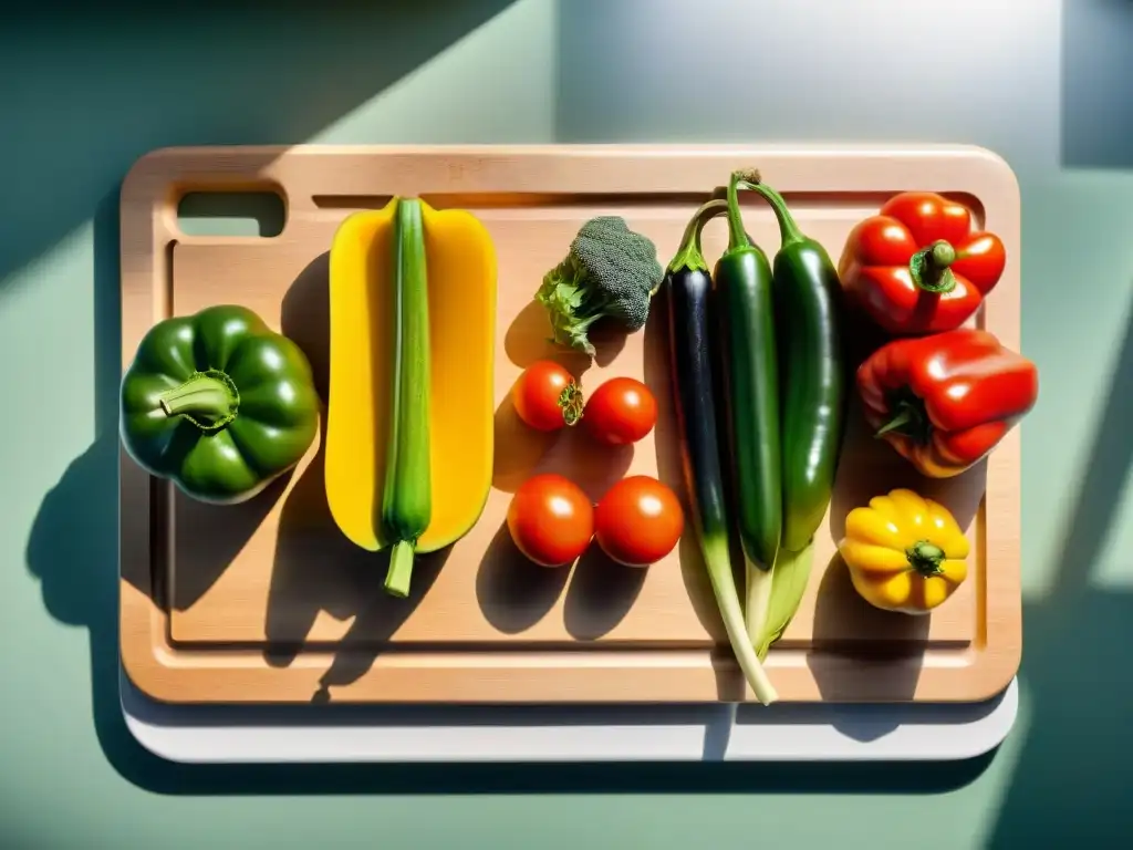 Una tabla de cortar de madera con verduras frescas, en una cocina moderna bien iluminada