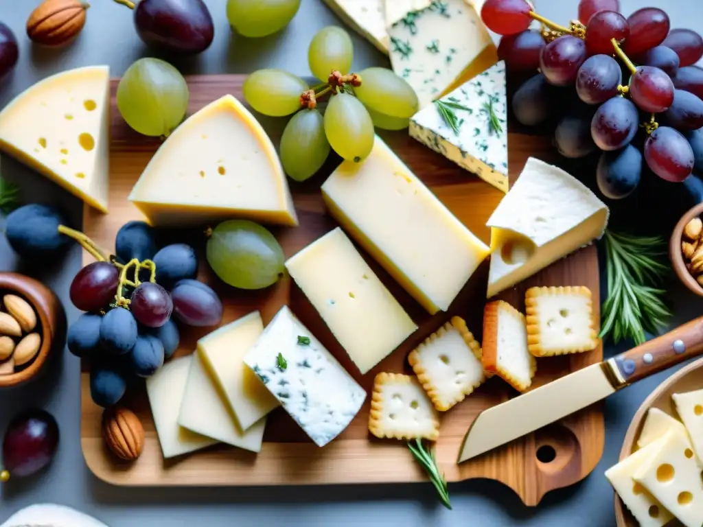 Una tabla de quesos sin gluten con combinaciones variadas, brie cremoso, cheddar fuerte, uvas frescas, galletas y nueces