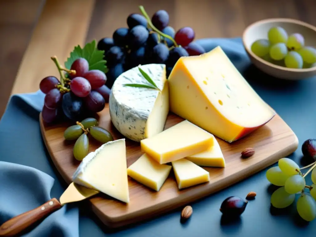 Tabla de quesos importados sin gluten: brie, gouda, queso azul y cheddar, adornados con uvas, higos, nueces y miel