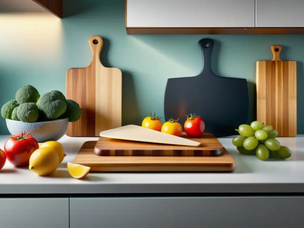 Tablas de cortar sin gluten de diferentes materiales, organizadas y etiquetadas, bañadas por la luz del sol en una cocina impecable