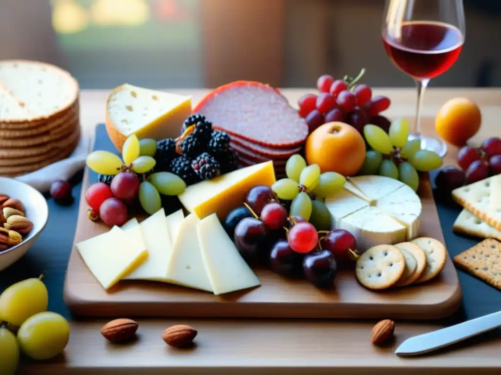 Tablero de embutidos y quesos sin gluten en mesa rústica, creando un ambiente apetitoso