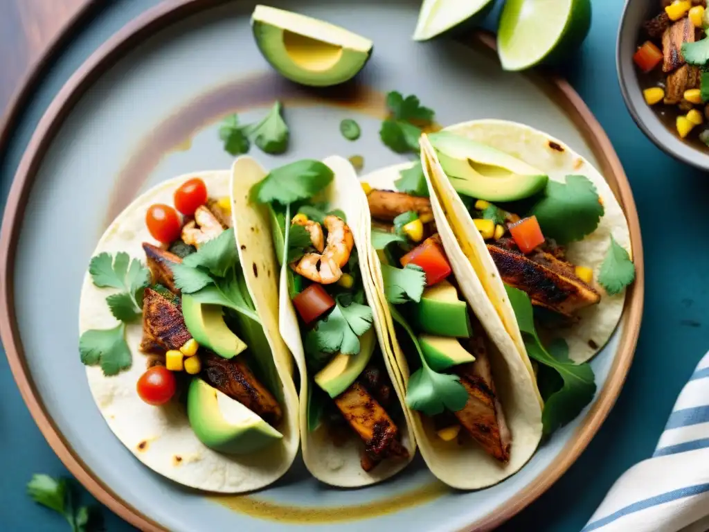 Tacos de verano sin gluten: una colorida variedad de tacos con camarones, pollo y carnitas, acompañados de aguacate, cilantro y limón