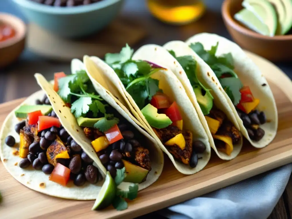 Tacos sin gluten: coloridos y deliciosos en tablón de madera Tacos sin gluten receta fácil: Vibrante variedad de tacos sin gluten en tablero de madera rústico