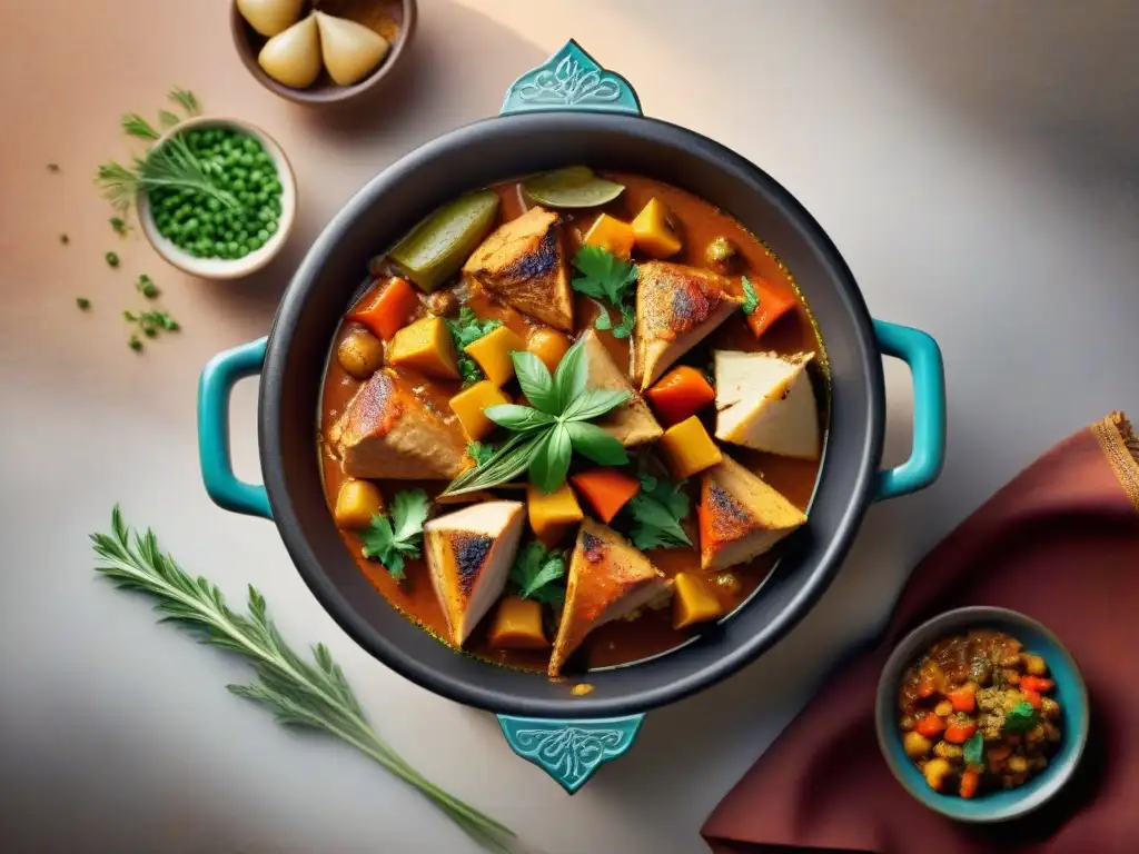 Un tagine marroquí sin gluten lleno de coloridas especias y verduras, con tiernos trozos de pollo, cocinándose lentamente en la estufa