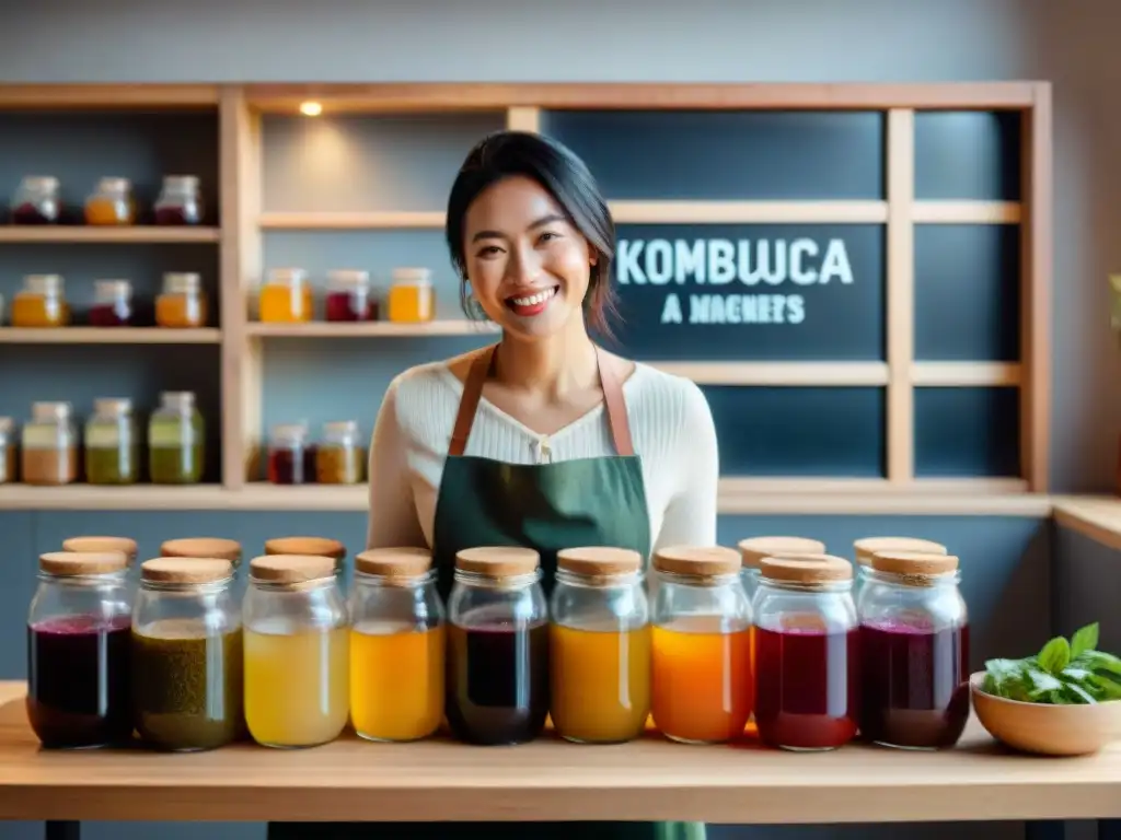 Un taller cálido y acogedor de elaboración de kombucha sin gluten para principiantes, con un grupo diverso sonriente y tarros de kombucha colorida fermentando