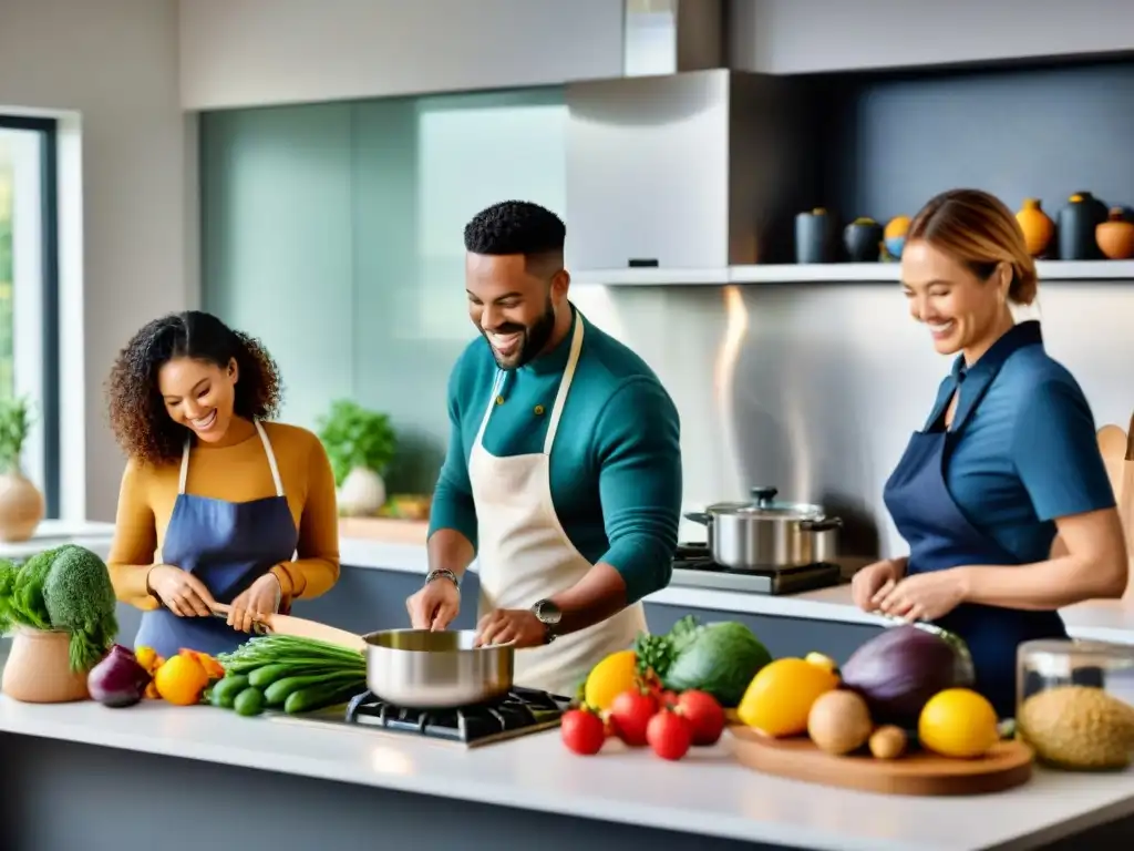 Un taller de cocina sin gluten donde personas diversas cocinan juntas en una cocina moderna y luminosa, rodeados de frutas y verduras coloridas