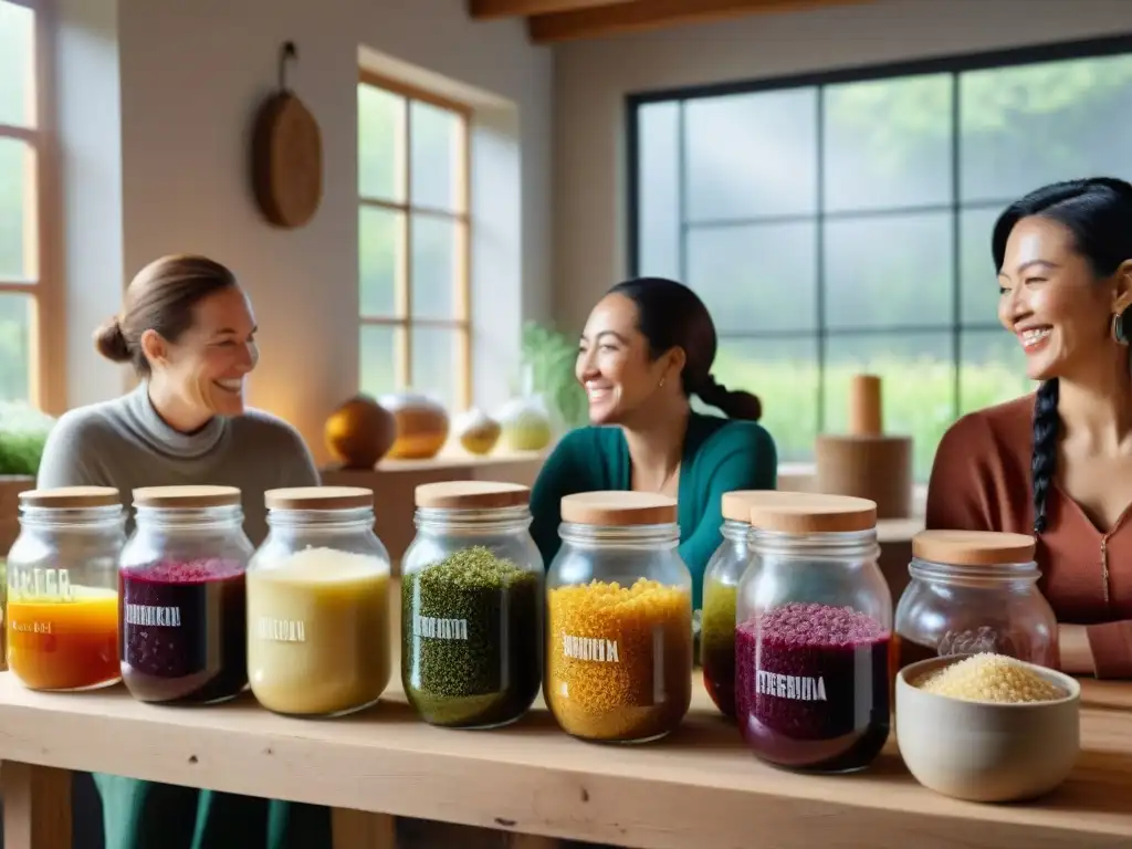 Un taller de fermentación sin gluten para principiantes: grupo sonriente en una mesa rústica con alimentos fermentados y pan sin gluten