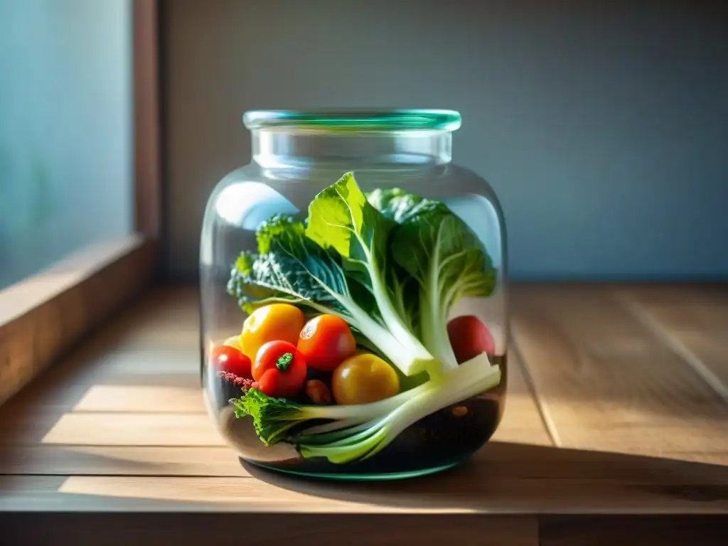 Tarro de cerámica coreana con ingredientes vibrantes para hacer kimchi, sobre mesa rústica