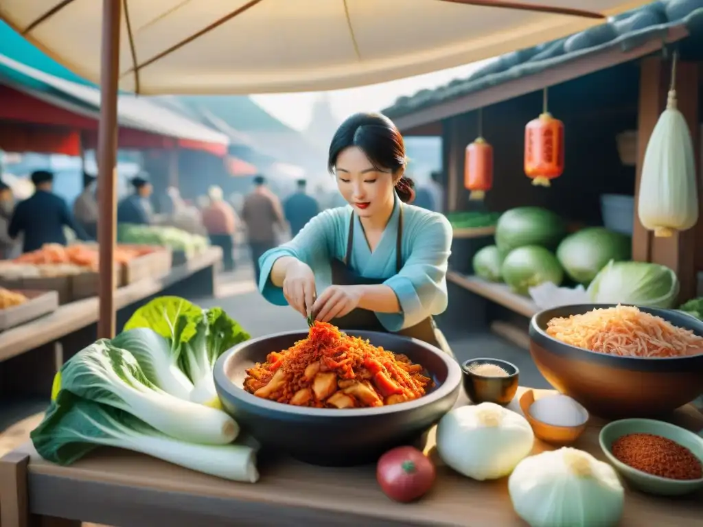 Un tarro tradicional coreano lleno de ingredientes vibrantes para hacer kimchi sin gluten beneficios, en un mercado bullicioso de Corea