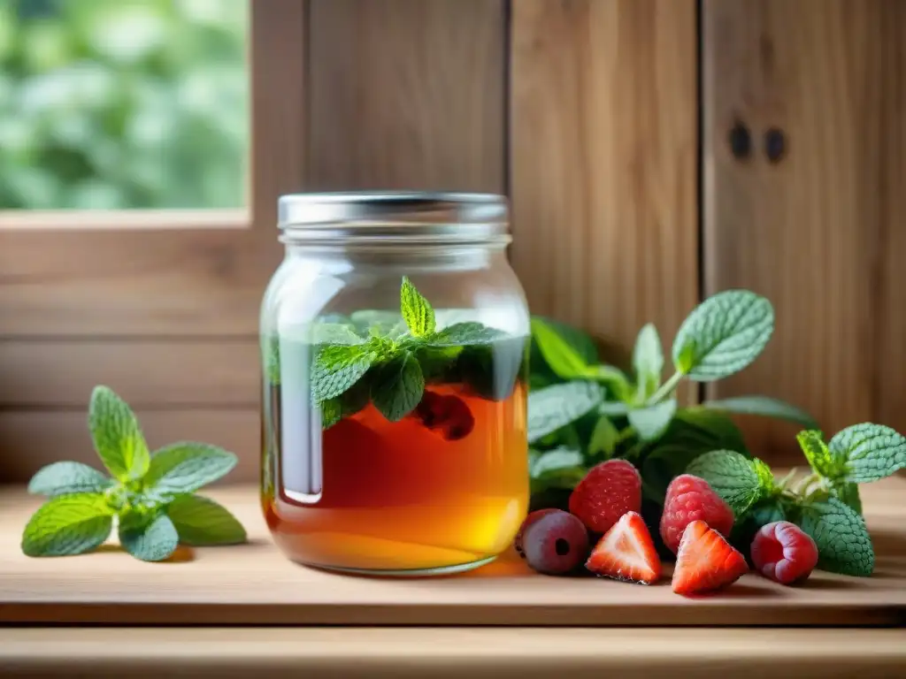 Un tarro de vidrio lleno de kombucha burbujeante rodeado de bayas orgánicas, hojas de menta y rodajas de jengibre en un mostrador de madera rústico