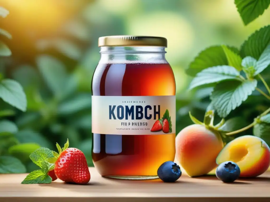 Un tarro de vidrio rebosante de kombucha colorido, rodeado de frutas frescas y vibrantes, en equilibrio perfecto sabor Kombucha