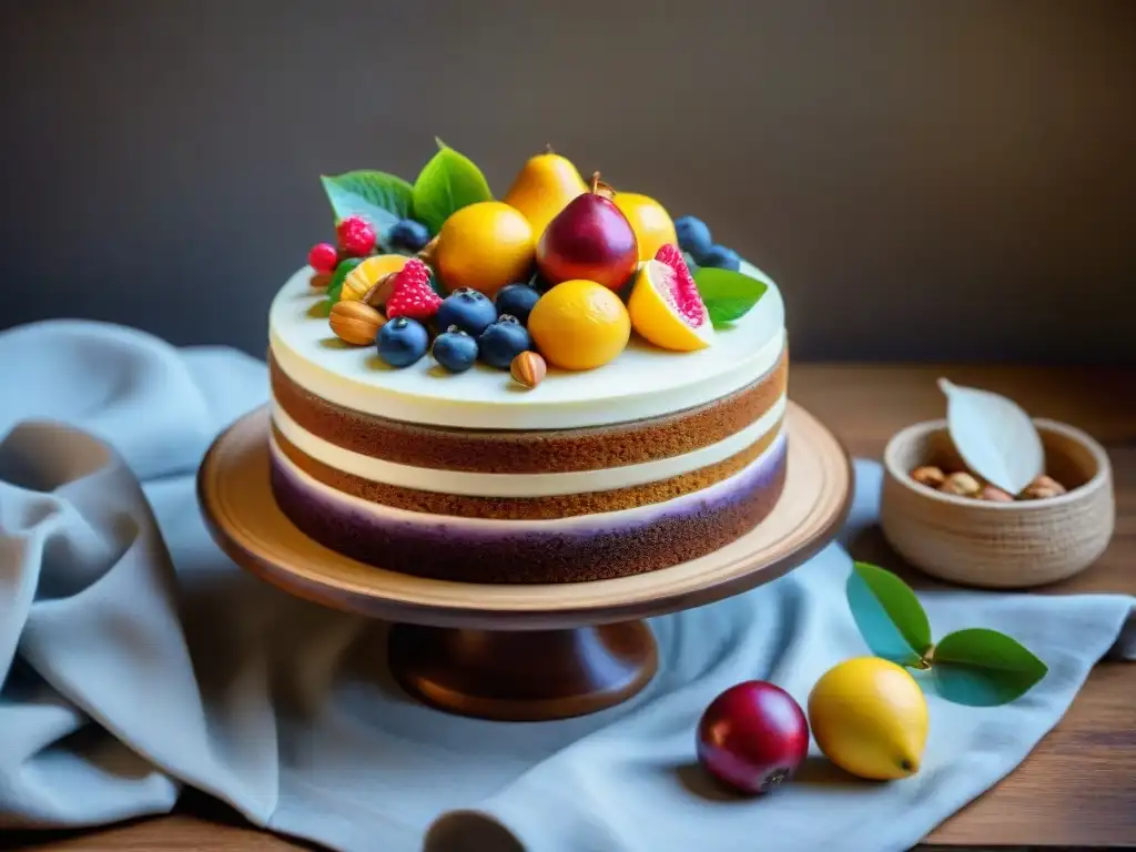 Tarta sin gluten deliciosa y saludable decorada con frutas, nueces y flores en una mesa de madera rústica