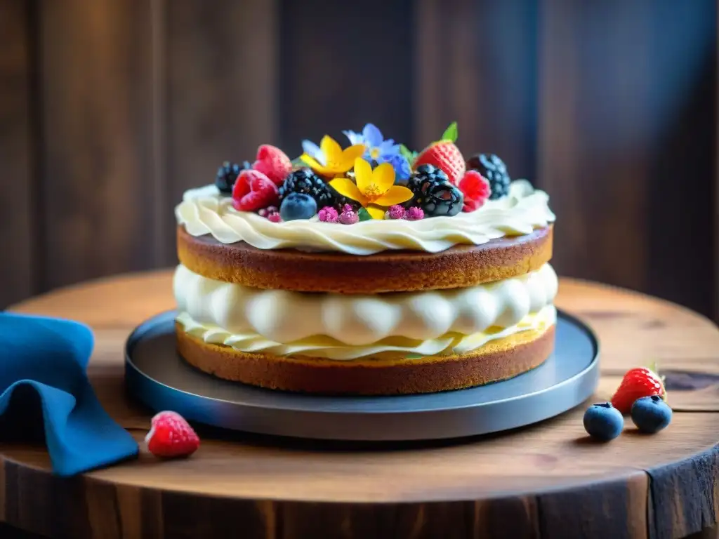 Tarta sin gluten deliciosa y saludable con bayas frescas y flores comestibles, sobre mesa de madera rústica