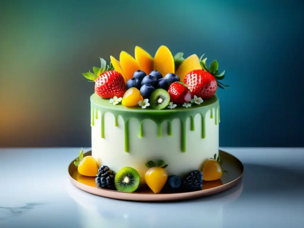 Tarta sin gluten deliciosa y saludable con frutas frescas y flores comestibles