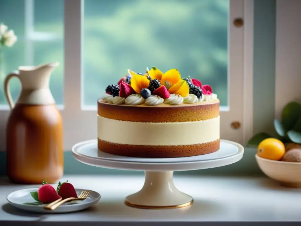 Una tarta sin gluten innovadora decorada con frutas frescas y flores comestibles