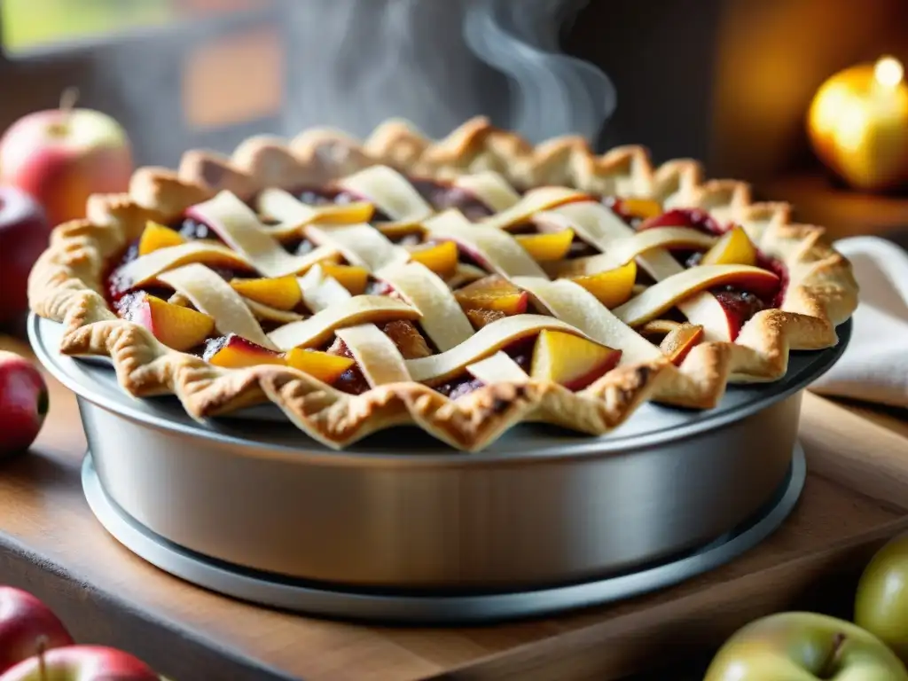 Una tarta de manzana sin gluten recién horneada en una cocina acogedora con decoración otoñal