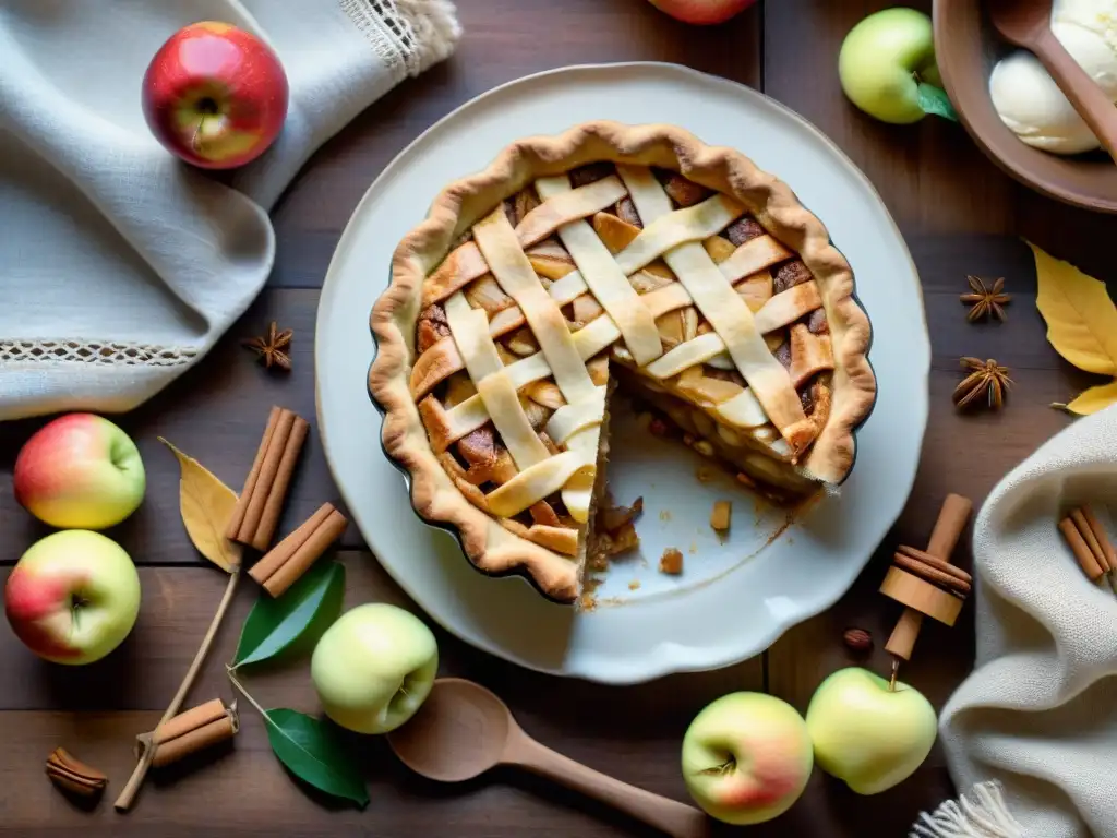 Tarta de manzana sin gluten recién horneada con helado de vainilla, en una mesa rústica con hojas de otoño y manta tejida al fondo